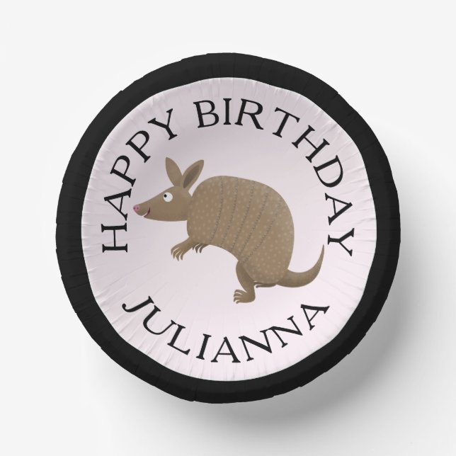 Personalized fun armadillo happy birthday cartoon paper bowls (Front)