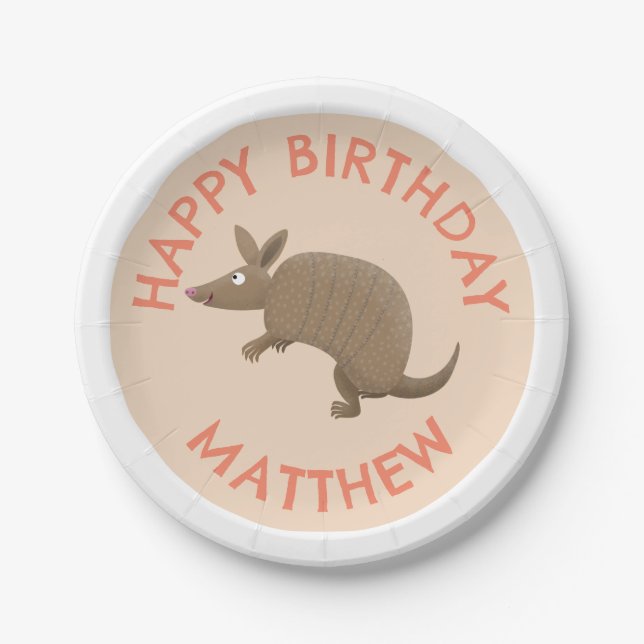Personalized fun armadillo happy birthday cartoon paper plates (Front)