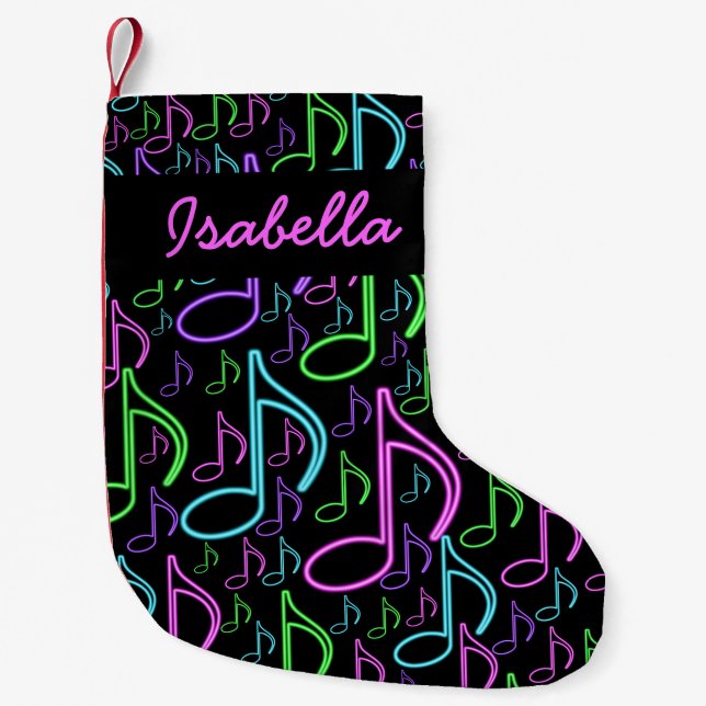 Personalized Fun Bright Neon Music Note Collage Small Christmas Stocking (Front)