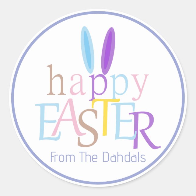 Personalized Fun Bunny Ears Happy Easter Blue Bell Classic Round Sticker (Front)