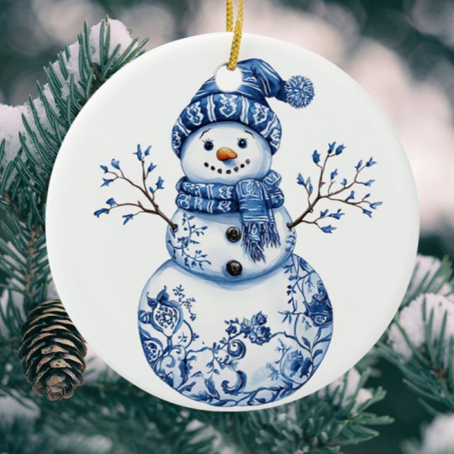 Personalized Fun Chinoiserie Blue White Snowman Ceramic Ornament (Personalize with your own message on the back!)