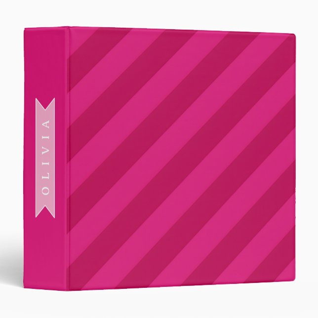 Personalized Fun Cute Modern Pink Stripe 3 Ring Binder (Front/Spine)