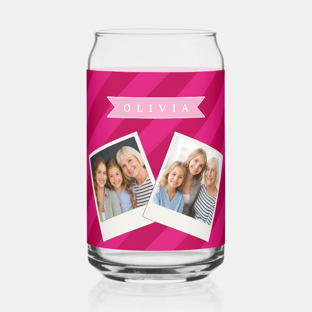 Personalized Fun Cute Modern Pink Stripe Can Glass (Front)