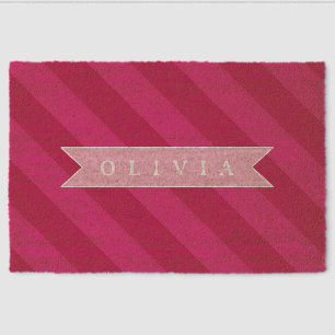Personalized Fun Cute Modern Pink Stripe Fiber Doormat