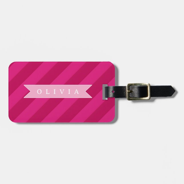 Personalized Fun Cute Modern Pink Stripe Luggage Tag (Front Horizontal)