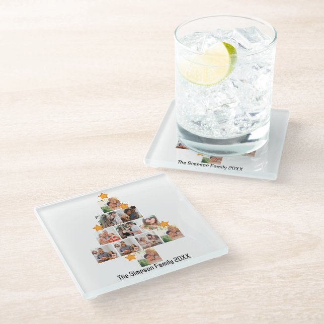 Personalized Fun Family Christmas 11 Photo Collage Glass Coaster (Angled)