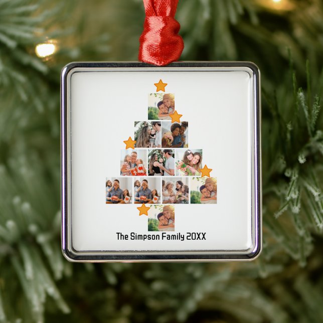 Personalized Fun Family Christmas 11 Photo Collage Metal Ornament (Tree)