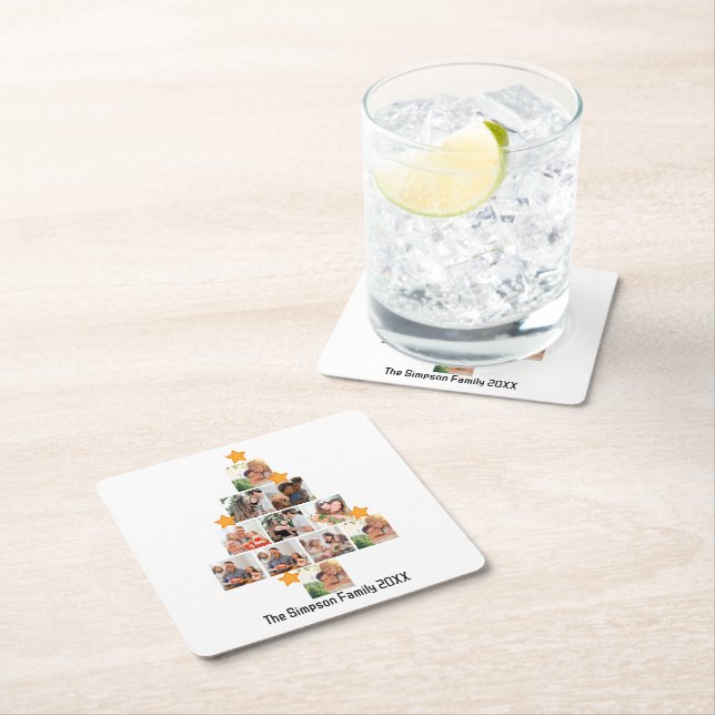 Personalized Fun Family Christmas 11 Photo Collage Square Paper Coaster (Insitu)