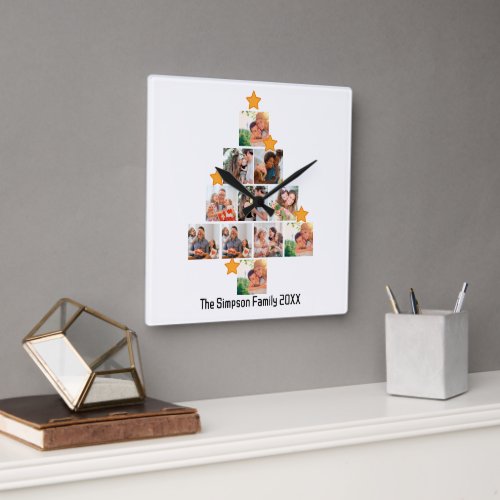 Personalized Fun Family Christmas 11 Photo Collage Square Wall Clock
