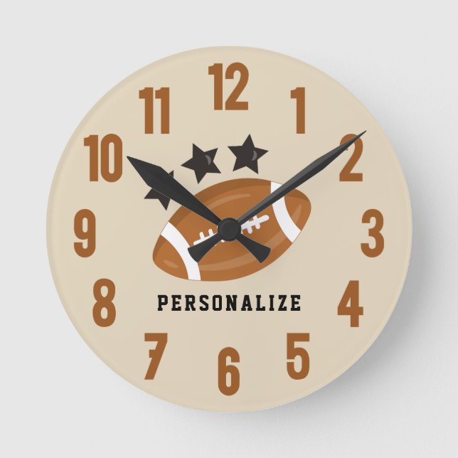Personalized Fun Football With Stars Custom Text Round Clock (Front)