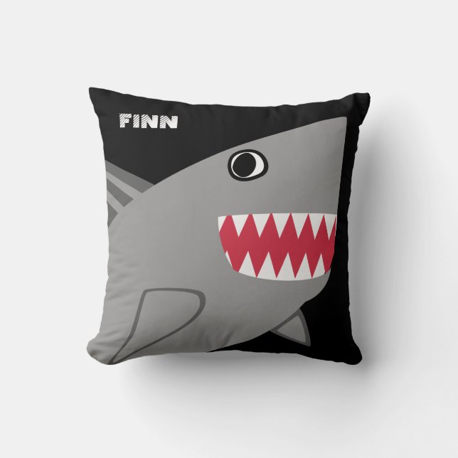 Personalized Fun Gray Shark on Black Throw Pillow (Front)