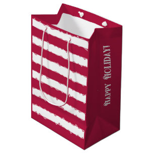 Personalized Fun Holiday Red, White Ribbon Stripes Medium Gift Bag