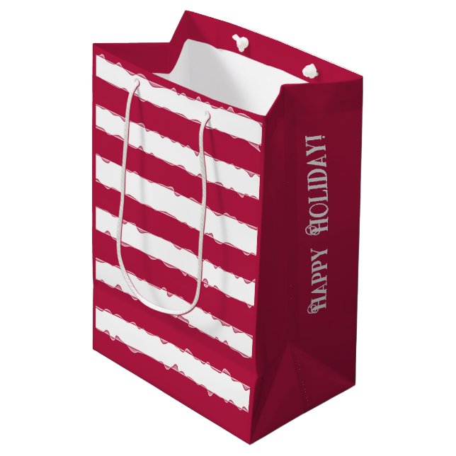 Personalized Fun Holiday Red, White Ribbon Stripes Medium Gift Bag (Front Angled)