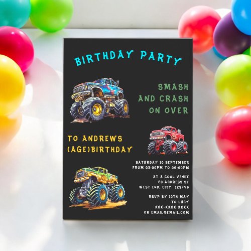 Personalized fun monster truck kids birthday  invitation