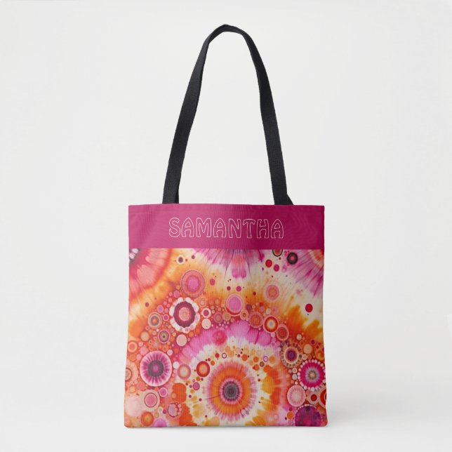 Personalized Fun Orange Hot Pink Batik Art Pattern Tote Bag (Front)