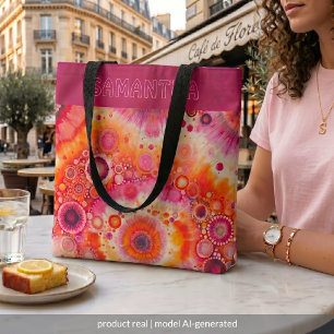 Personalized Fun Orange Hot Pink Batik Art Pattern Tote Bag