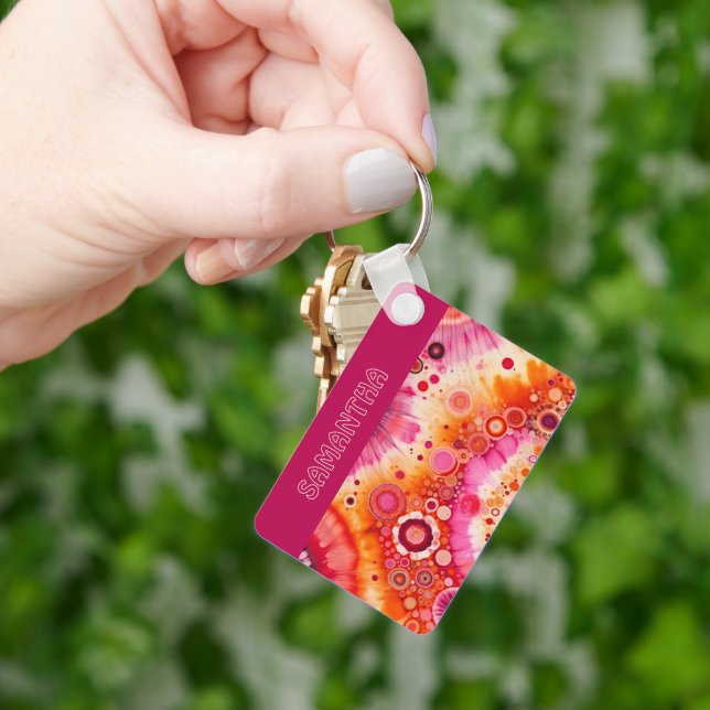Personalized Fun Retro Orange Hot Pink Art Pattern Keychain (Hand)