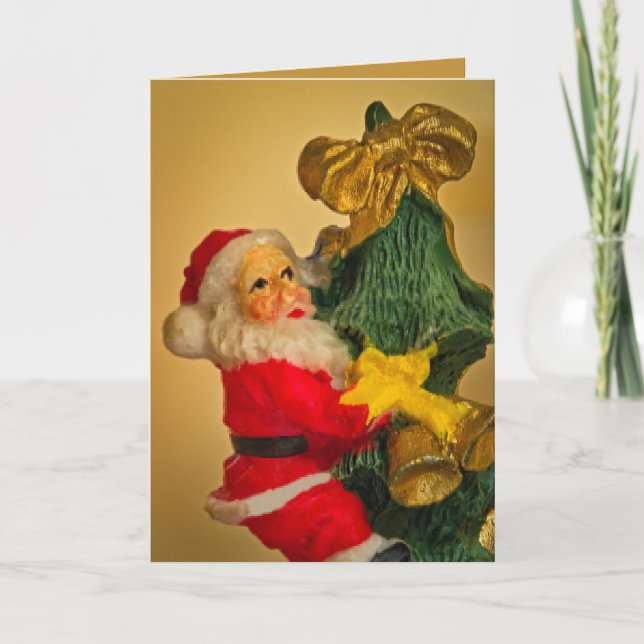 Personalized Fun Santa atop Christmas Tree, Golden Card (Front)