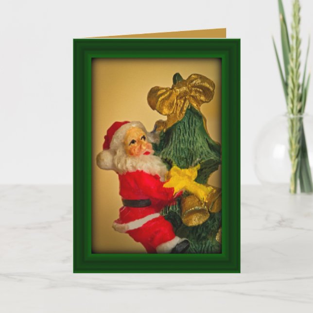 Personalized Fun Santa atop Christmas Tree, Green  Card (Front)