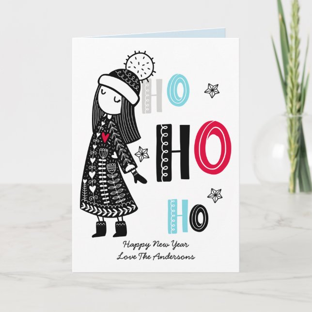 Personalized Fun Scandinavian Christmas Doodles Card (Front)