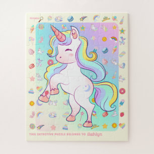 Personalized Fun Unicorn Detective Object Hunt Jigsaw Puzzle