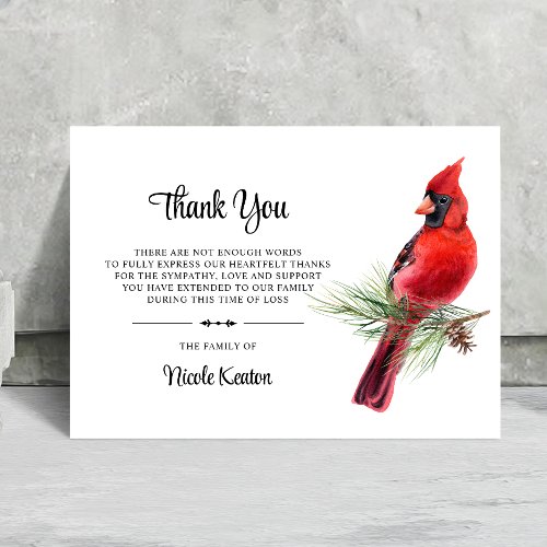 Personalized Funeral THANK YOU Cardinal Bird Note