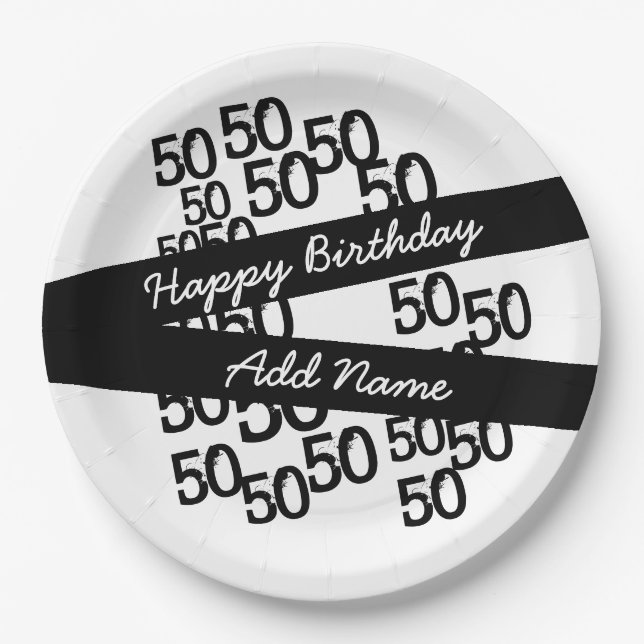 Personalized Funky Black White 50th Birthday Paper Plates (Front)