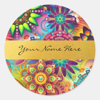 Personalized Funky Boho Floral Flame Mandalas Classic Round Sticker by suchicandi at Zazzle