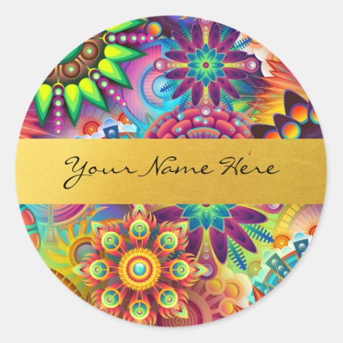 Personalized Funky Boho Floral Flame Mandalas Classic Round Sticker