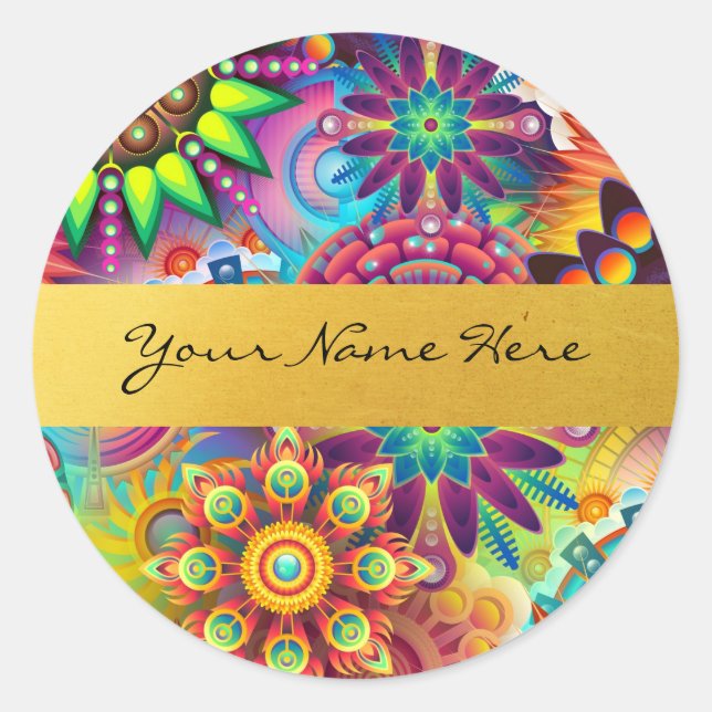 Personalized Funky Boho Floral Flame Mandalas Classic Round Sticker (Front)