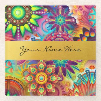 Personalized Funky Boho Floral Flame Mandalas Glass Coaster by suchicandi at Zazzle