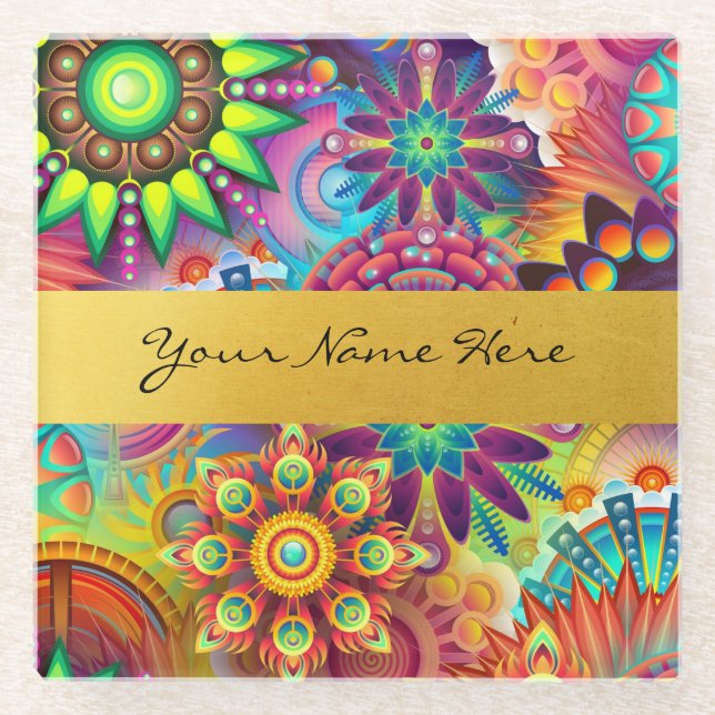 Personalized Funky Boho Floral Flame Mandalas Glass Coaster (Front)