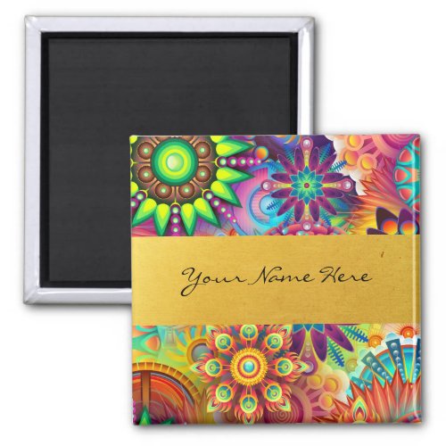 Personalized Funky Boho Floral Flame Mandalas Magnet