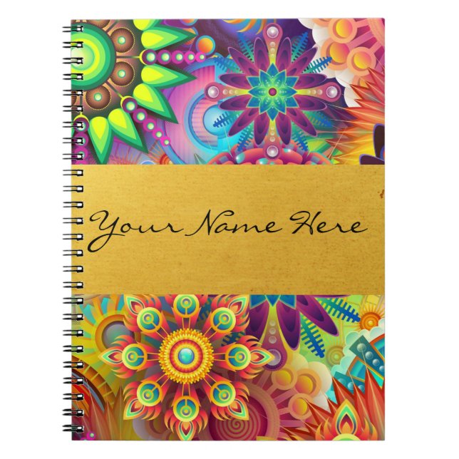 Personalized Funky Boho Floral Flame Mandalas Notebook (Front)