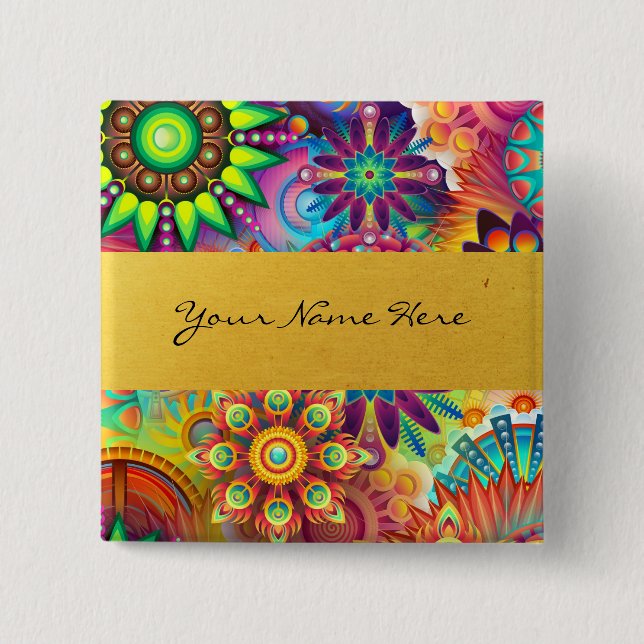 Personalized Funky Boho Floral Flame Mandalas Pinback Button (Front)