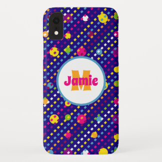 Personalized Funky Circles, Dashes Pattern Navy iPhone XR Case
