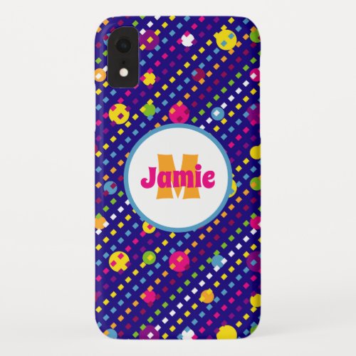 Personalized Funky Circles Dashes Pattern Navy iPhone XR Case