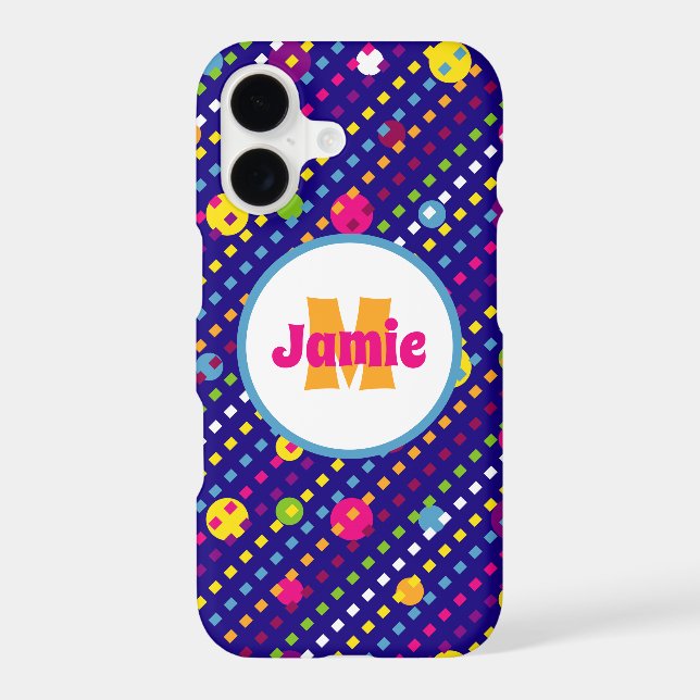 Personalized Funky Circles, Dashes Pattern Navy Iphone Case (Back)