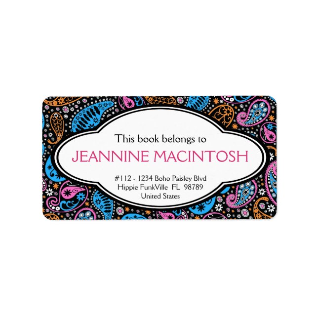 Personalized Funky Paisley Patterned Bookplate (Front)