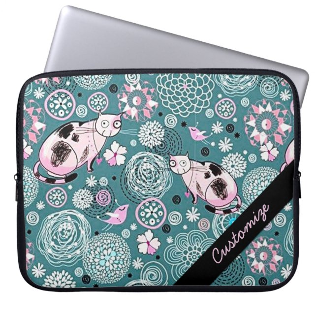Personalized Funky Pink Cat Pattern Laptop Sleeve (Front)