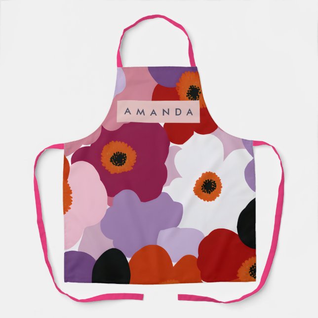 Personalized Funky Red and Pink Flower Design Apron (Front)