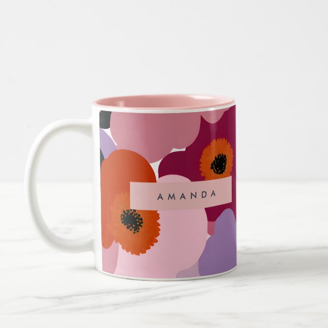 Personalized Funky Red and Pink Flower Design Two-Tone Coffee Mug (Left)