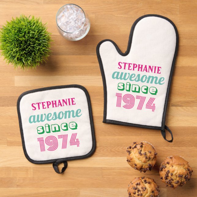 Personalized funny 50th birthday quote  oven mitt & pot holder set (Top Down)