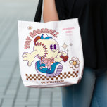 Personalized Funny Baseball Mum Retro Flower Tote Bag<br><div class="desc">Slide into style with this personalized retro baseball design, perfect for the casually chaotic mum cheering from the bleachers (or pretending to). Featuring a cute baseball character, playful daisies, and customizable name and “EST.” year, this cheeky design is made for the mum who supports her slugger... with just enough enthusiasm....</div>