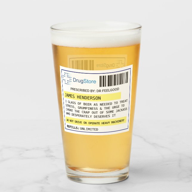 Personalized funny beer/cider prescription glass (Front Filled)