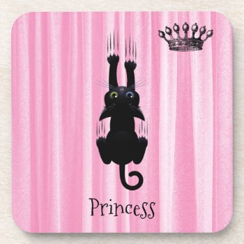 Personalized Funny Black Cat Princess Pink Beverage Coaster by StuffByAbby at Zazzle