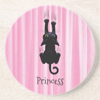 Personalized Funny Black Cat Princess Pink Coaster by StuffByAbby at Zazzle