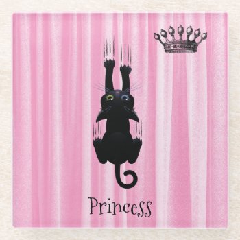 Personalized Funny Black Cat Princess Pink Glass Coaster by StuffByAbby at Zazzle