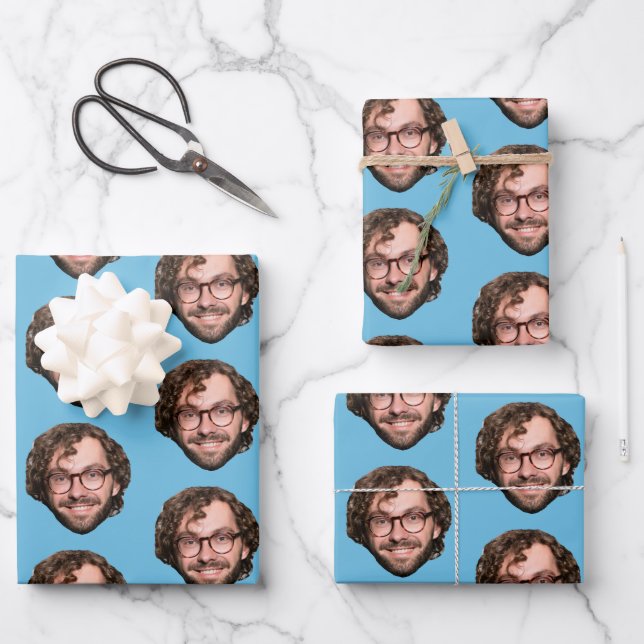 Personalized Funny Blue Custom Face Photo Wrapping Paper Sheets (Front)
