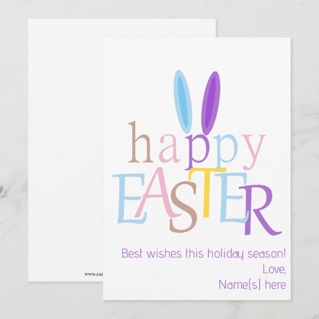 Personalized Funny Bunny Happy Easter Wish Purple Holiday Card (Front/Back)